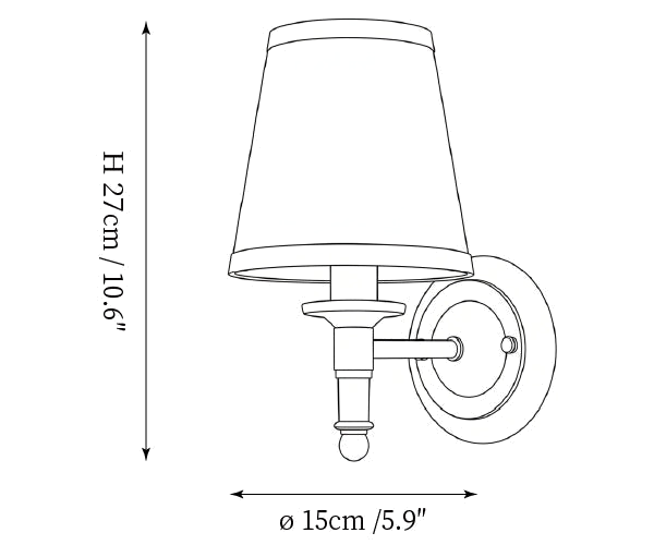 Clérachic wall light dimension drawing, 1 of 4, every measurement marked in centimetres and inches.