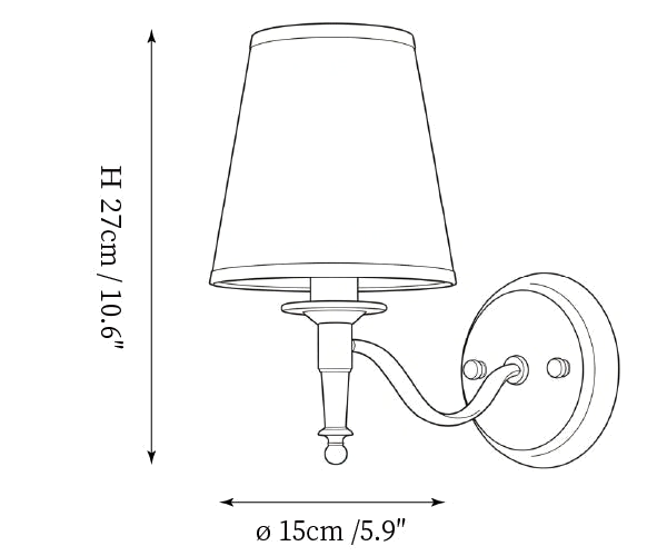 Clérachic wall light dimension drawing, 3 of 4, every measurement marked in centimetres and inches.