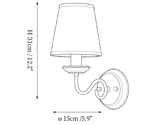 Clérachic wall light dimension drawing, 4 of 4, every measurement marked in centimetres and inches.