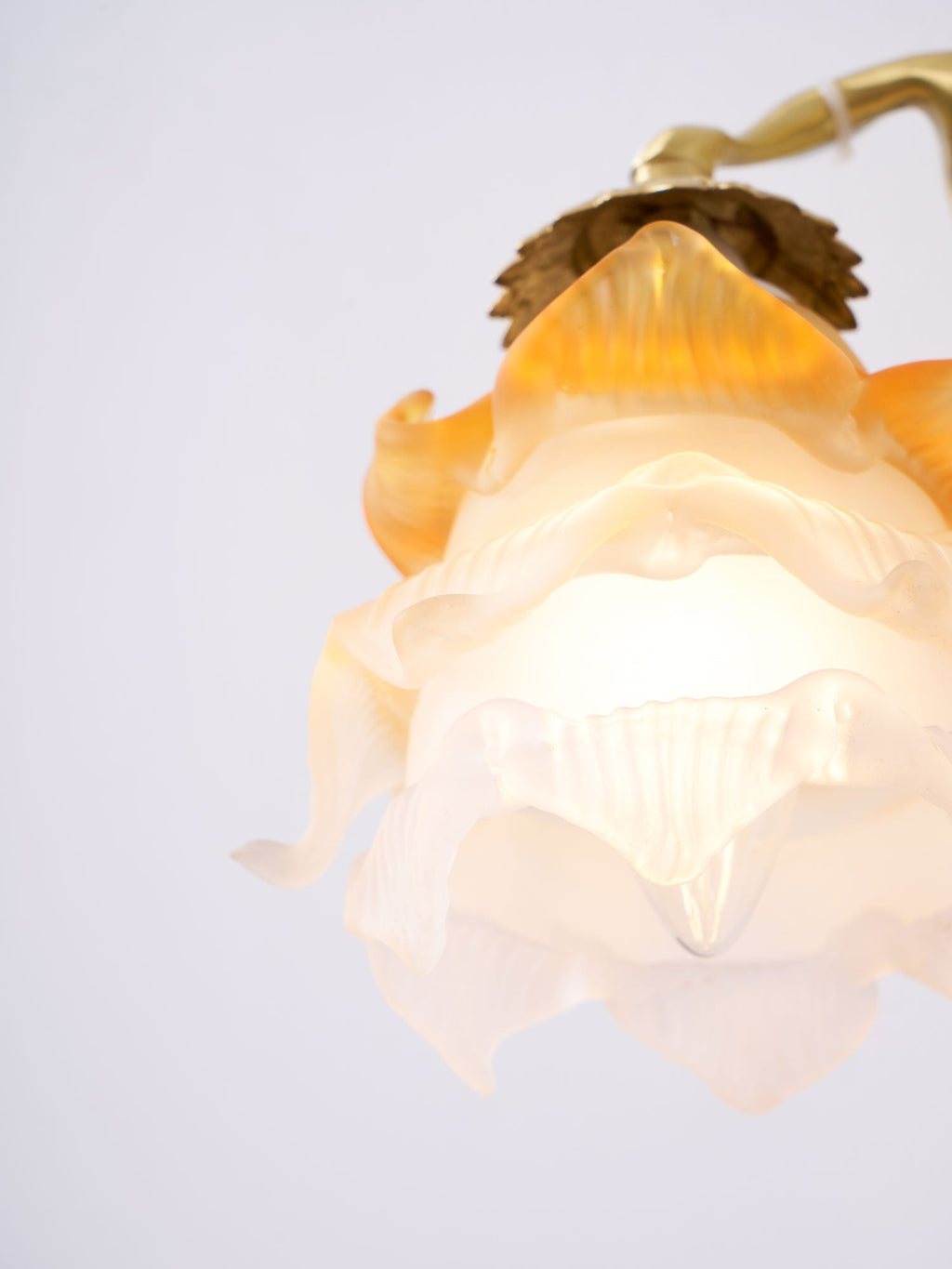Close view of the lit glass rose shade on this Clérachic wall light, its petals shading from amber to frosted white.