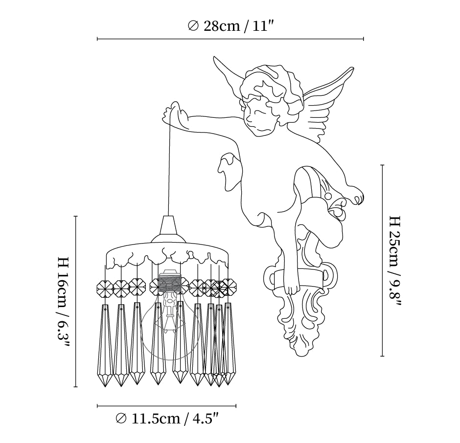 Dimension drawing of this Clérachic wall light with its crystal shade, with its height and width marked.