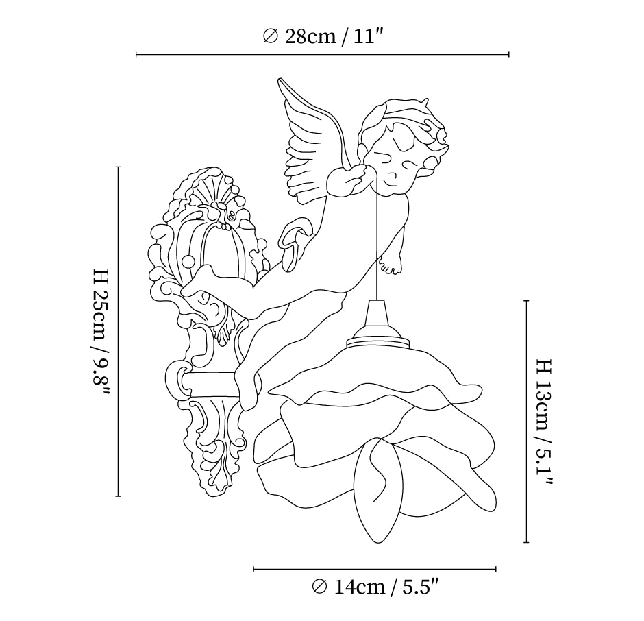 Dimension drawing of this Clérachic wall light with its rose shade, with its height and width marked.