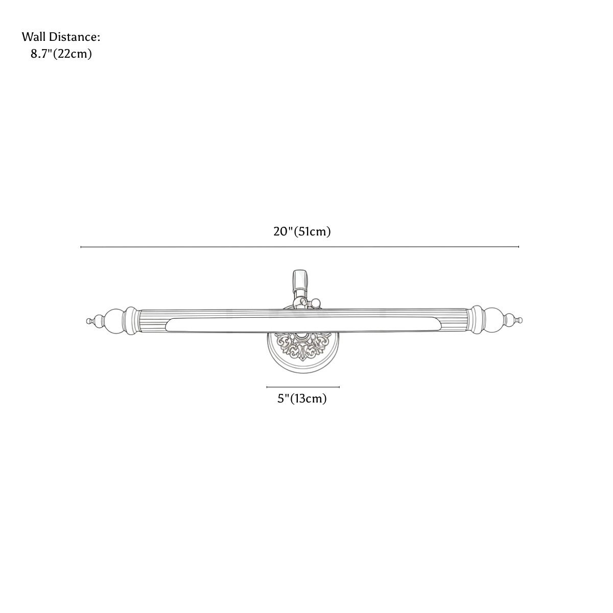 Clérachic wall light dimension drawing, 51 cm, every measurement marked in centimetres and inches.