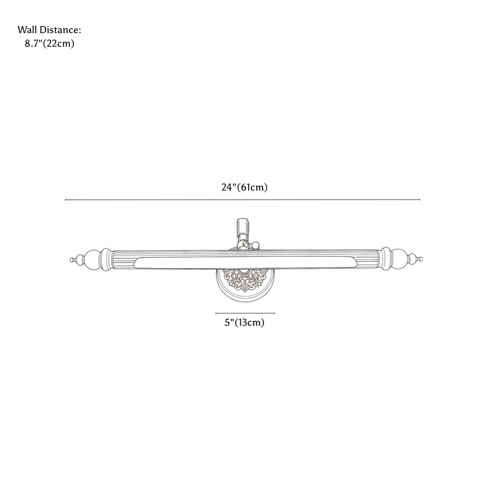 Clérachic wall light dimension drawing, 61 cm, every measurement marked in centimetres and inches.