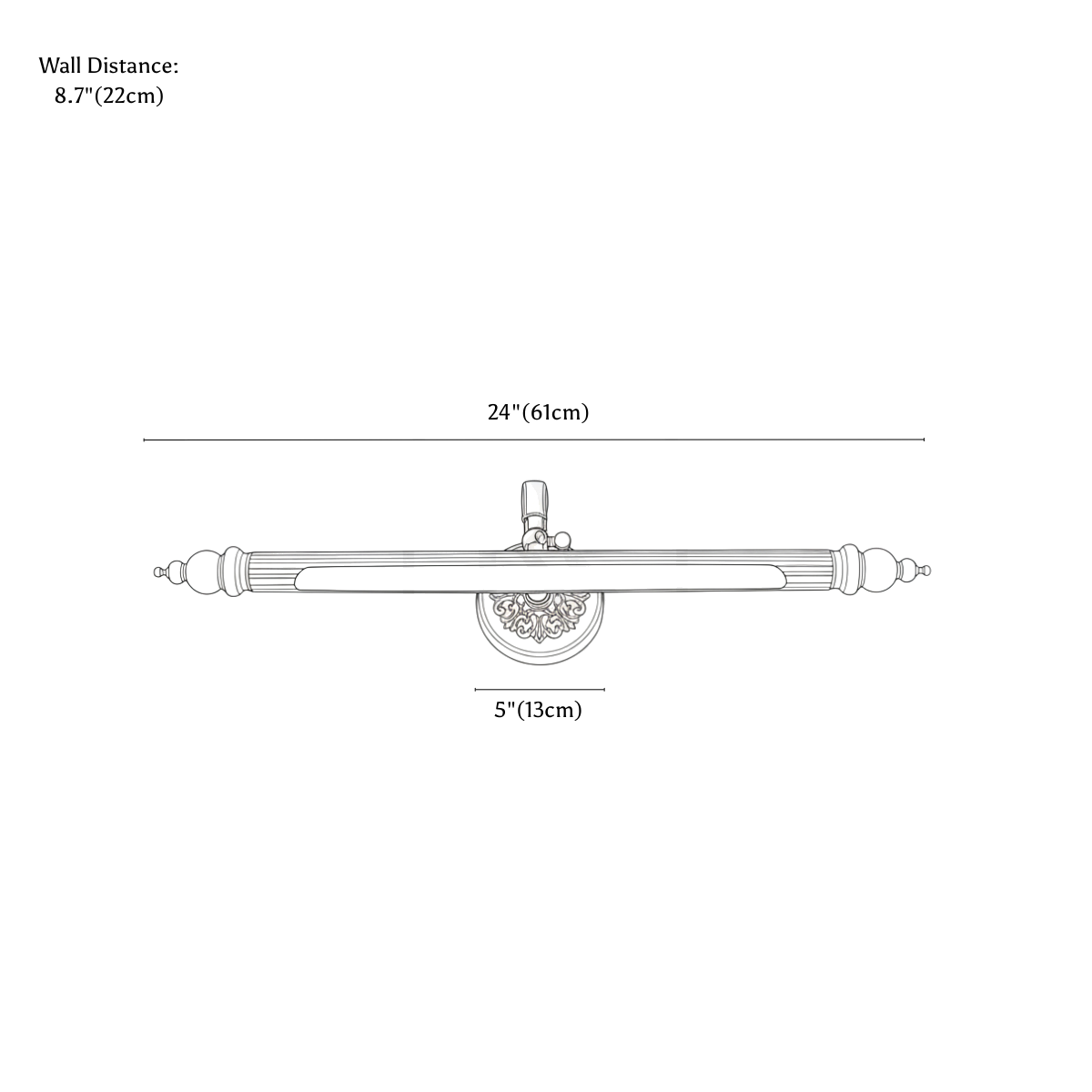 Clérachic wall light dimension drawing, 61 cm, every measurement marked in centimetres and inches.
