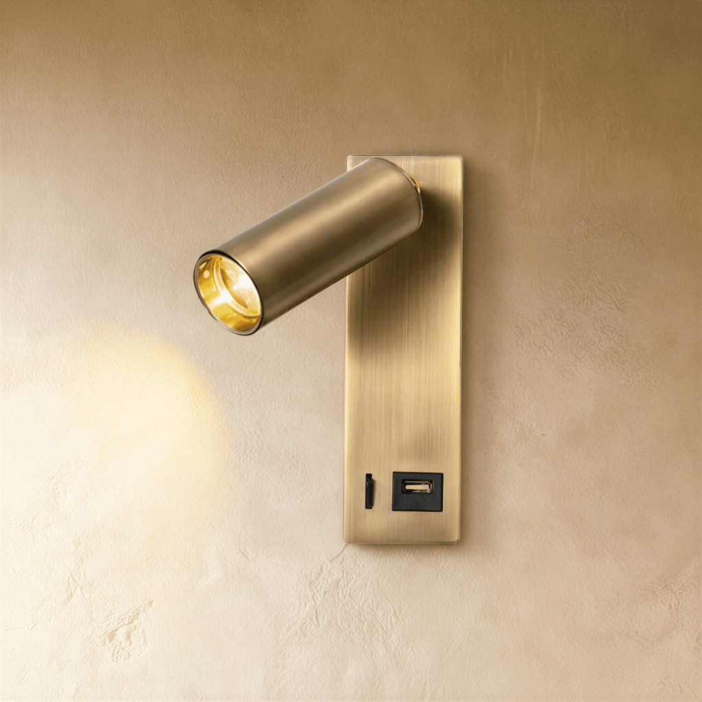 Clérachic brushed brass wall reading light lit warm, with a USB port and a small slot at the foot of the rectangular backplate.