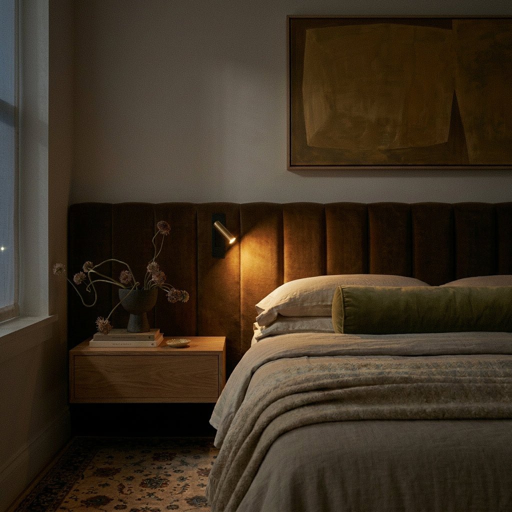 Clérachic black and gold wall reading lamp lit warm beside a velvet channelled headboard and oak floating nightstand at night.