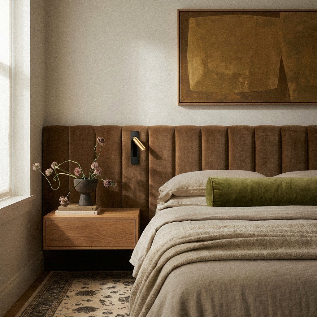 Clérachic wall reading lamp with a gold head on a black plate, mounted on a tan velvet headboard above a floating nightstand.