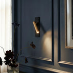 Clérachic wall reading lamp with a gold head on a black plate casting a warm pool of light on a dark blue panelled wall.