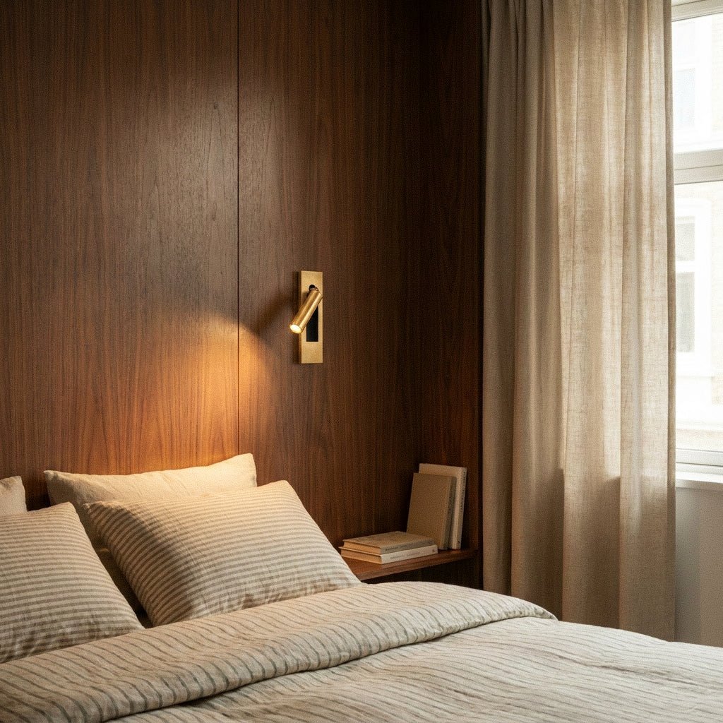 Clérachic all-gold wall reading lamp casting warm light over striped linen bedding against a walnut veneer wall.