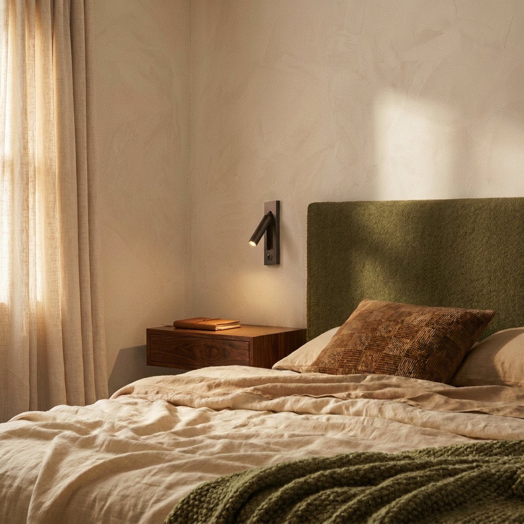 Clérachic black wall reading lamp angled over a walnut floating nightstand beside an olive boucle headboard and linen bedding.