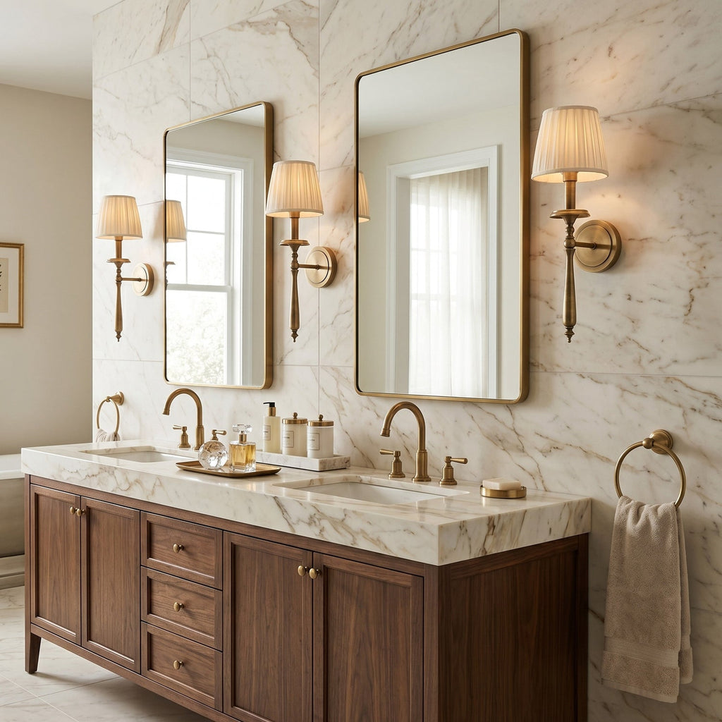 Clérachic brass wall lights with pleated beige shades line a marble-tiled bathroom wall, beside two tall mirrors and a walnut vanity.