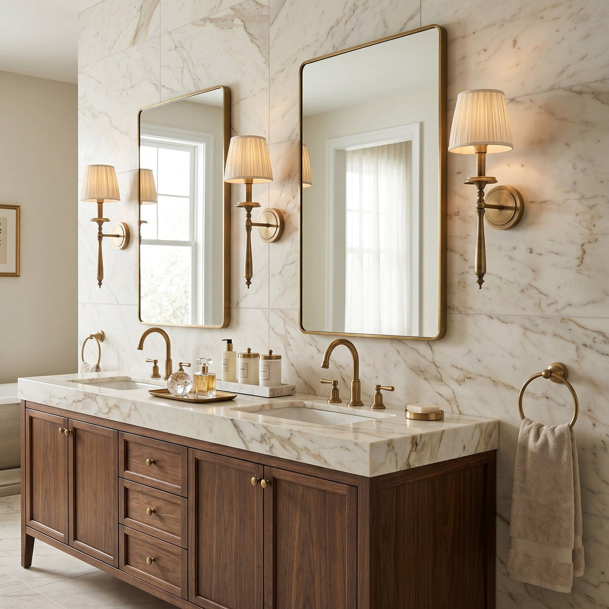 Clérachic brass wall lights with pleated beige shades line a marble-tiled bathroom wall, beside two tall mirrors and a walnut vanity.
