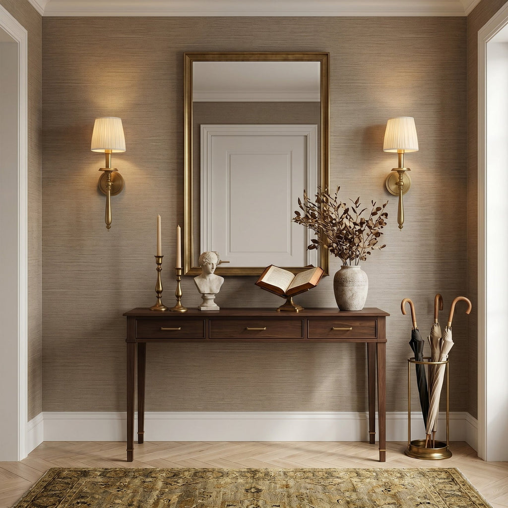 Two Clérachic brass wall lights with pleated shades frame a gold-edged mirror above a dark wood console table in a hallway.