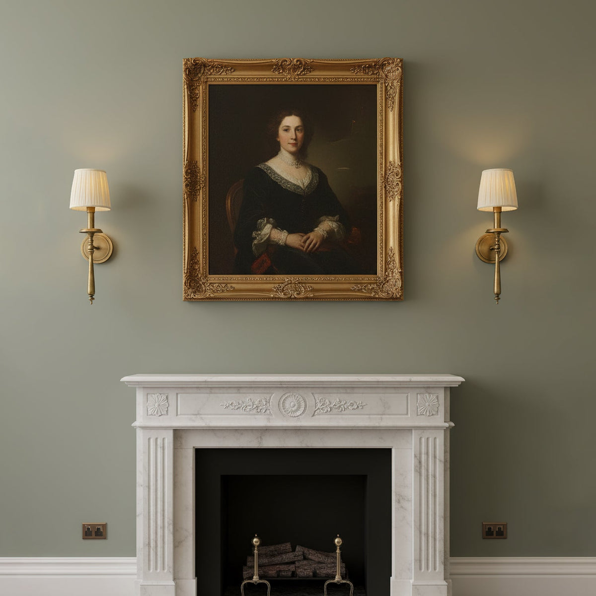 Clérachic wall lights with beige pleated shades hang either side of a gilt-framed portrait, above a white marble fireplace on a sage wall.