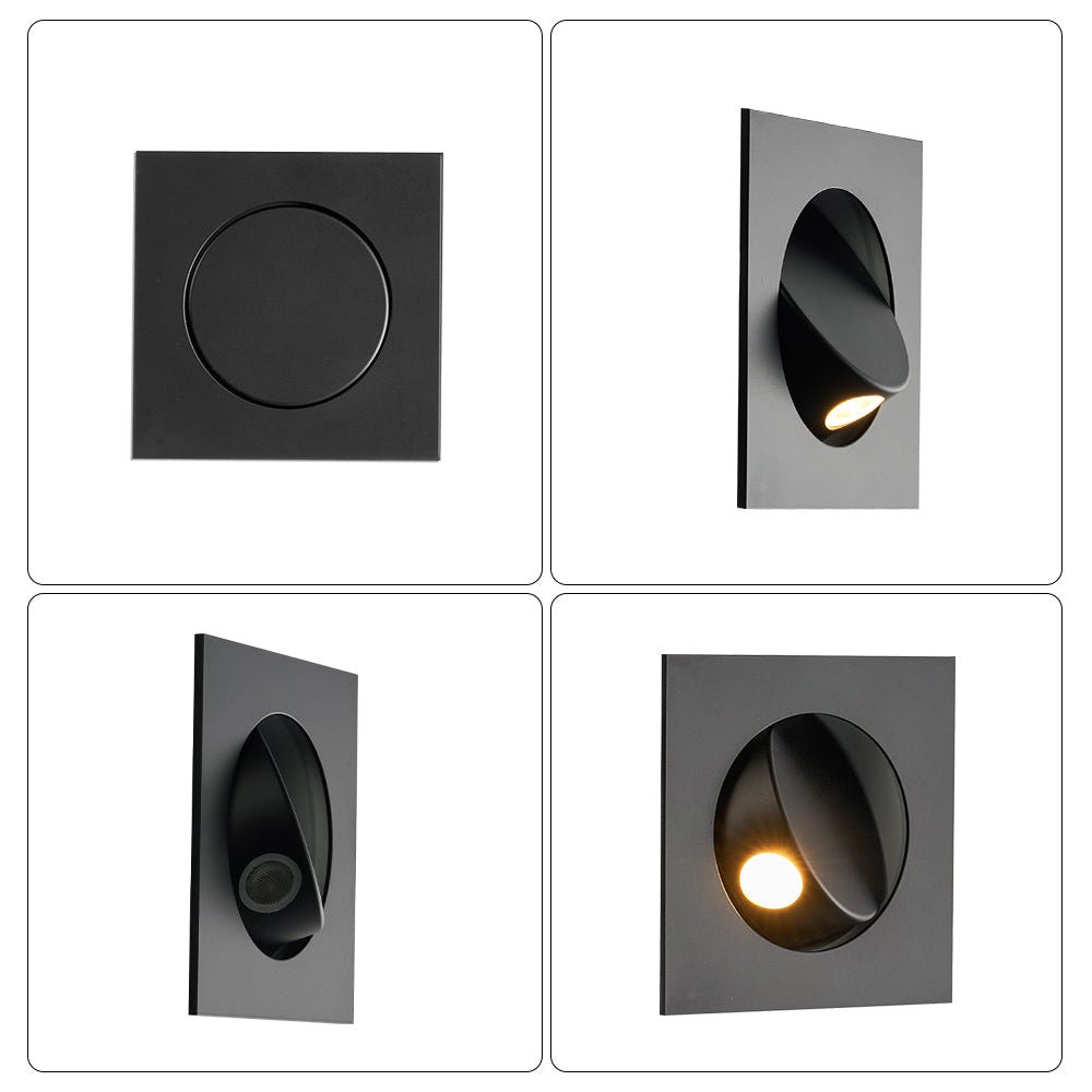 Four views of this black Clérachic recessed wall light on white tiles: closed front, angled hood, side tilt and lit LED.