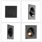Four views of this black Clérachic recessed wall light on white tiles: closed front, angled hood, side tilt and lit LED.