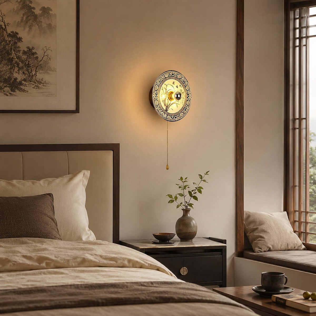 Lit Clérachic wall light with a dark wood backplate, above a made bed with linen pillows and a window seat to the right.