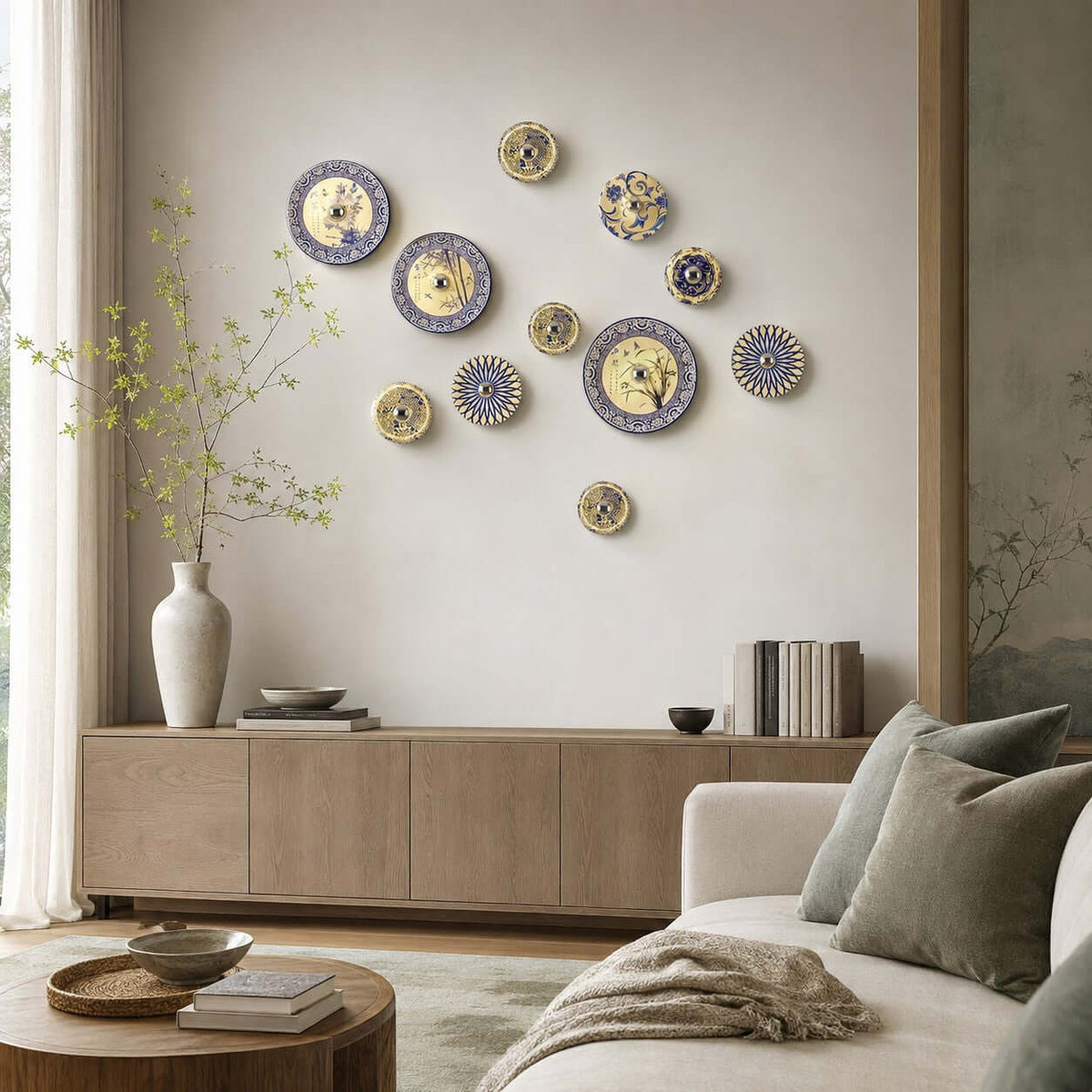 Ten Clérachic wall lights in mixed blue and white patterns scattered across a wall above a low sideboard and sofa.