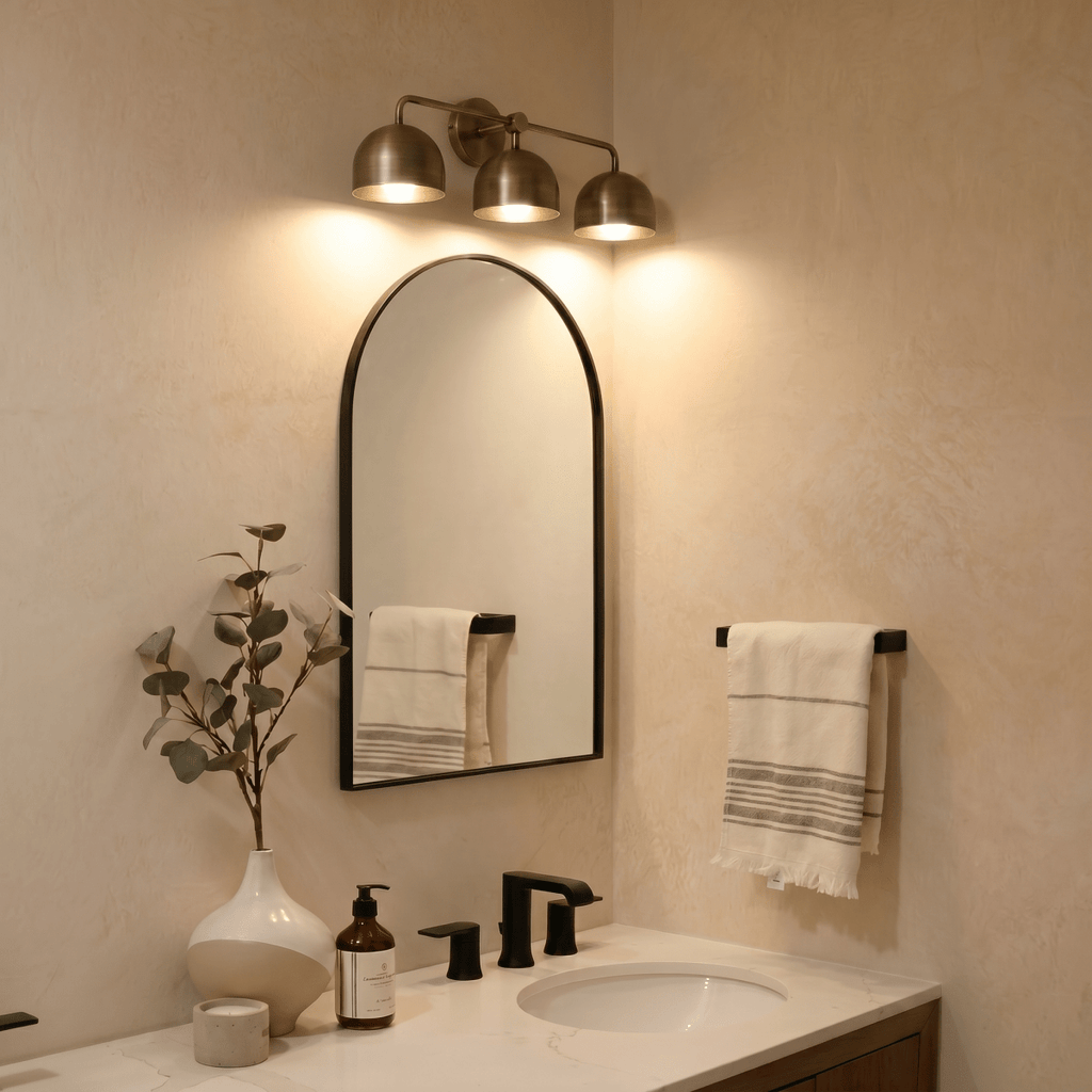 Clérachic vintage brass three-light bar sconce lit above an arched mirror over a bathroom vanity sink.