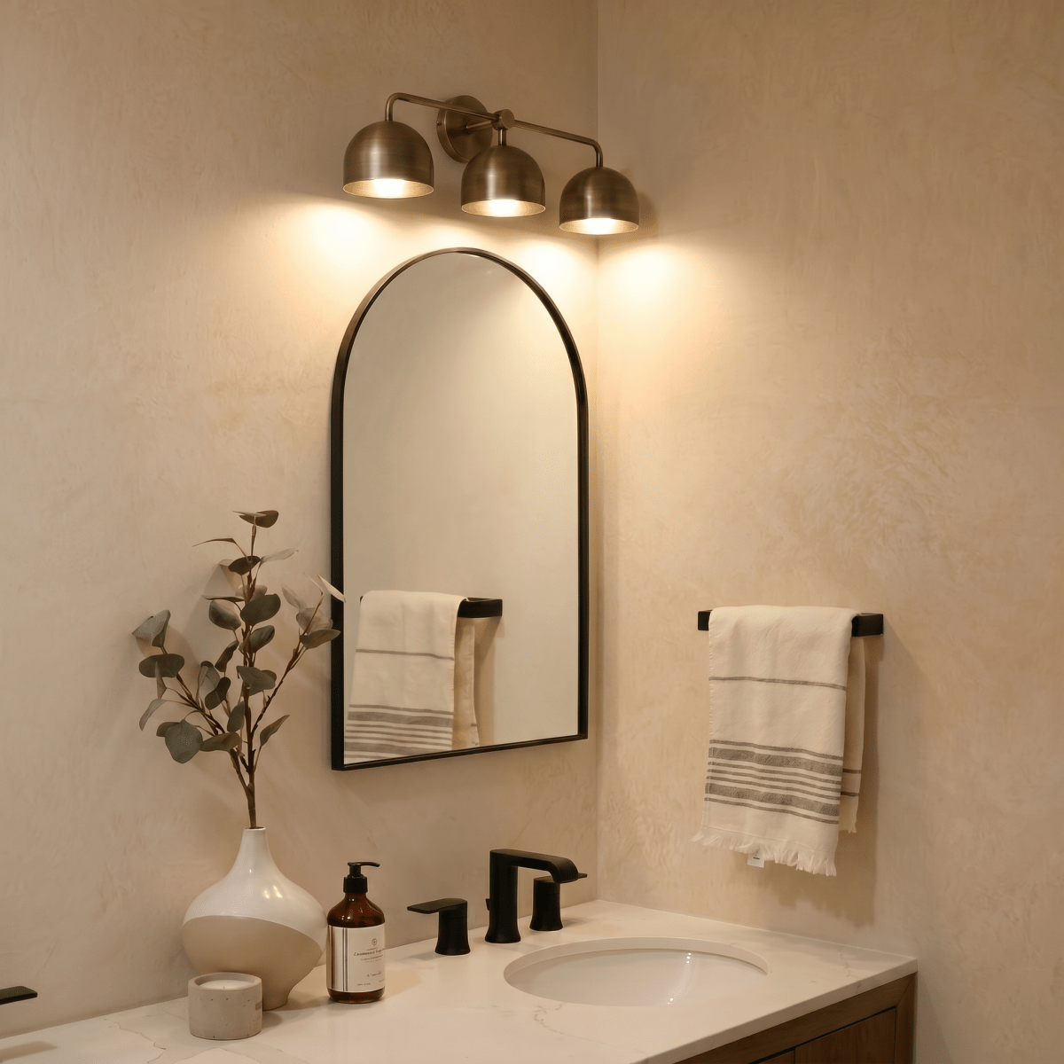 Clérachic vintage brass three-light bar sconce lit above an arched mirror over a bathroom vanity sink.