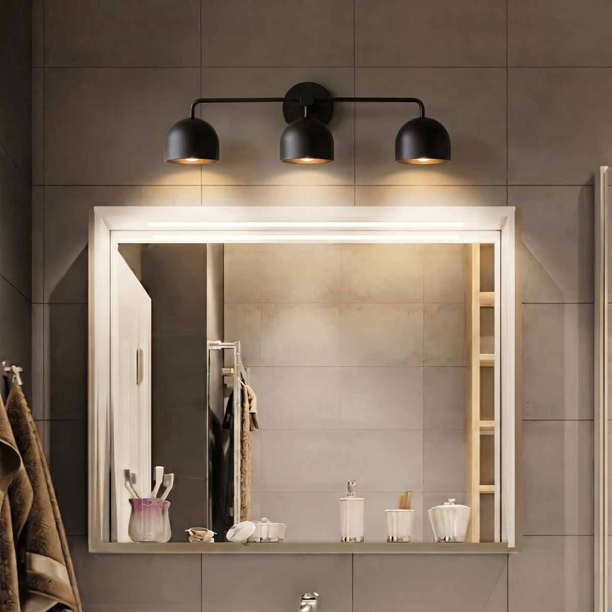 Clérachic matte black three-light bar sconce lit above a large backlit mirror in a tiled bathroom.