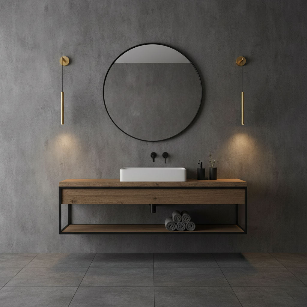 Two brass tube wall lights on either side of a round black mirror above a wood-and-steel vanity, a Clérachic wall light.