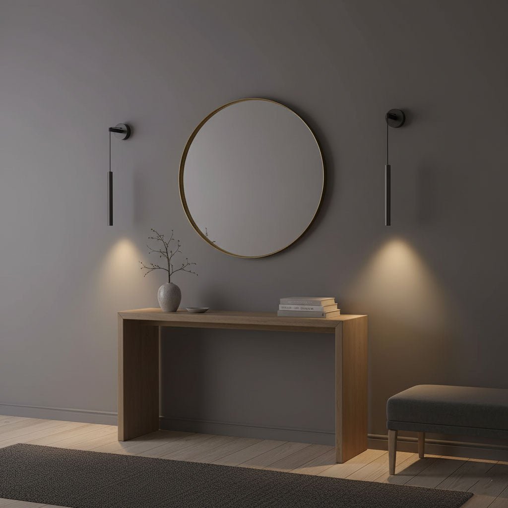Black tube wall lights beside a round brass-framed mirror over a wooden console, each casting a cone of light, from Clérachic.