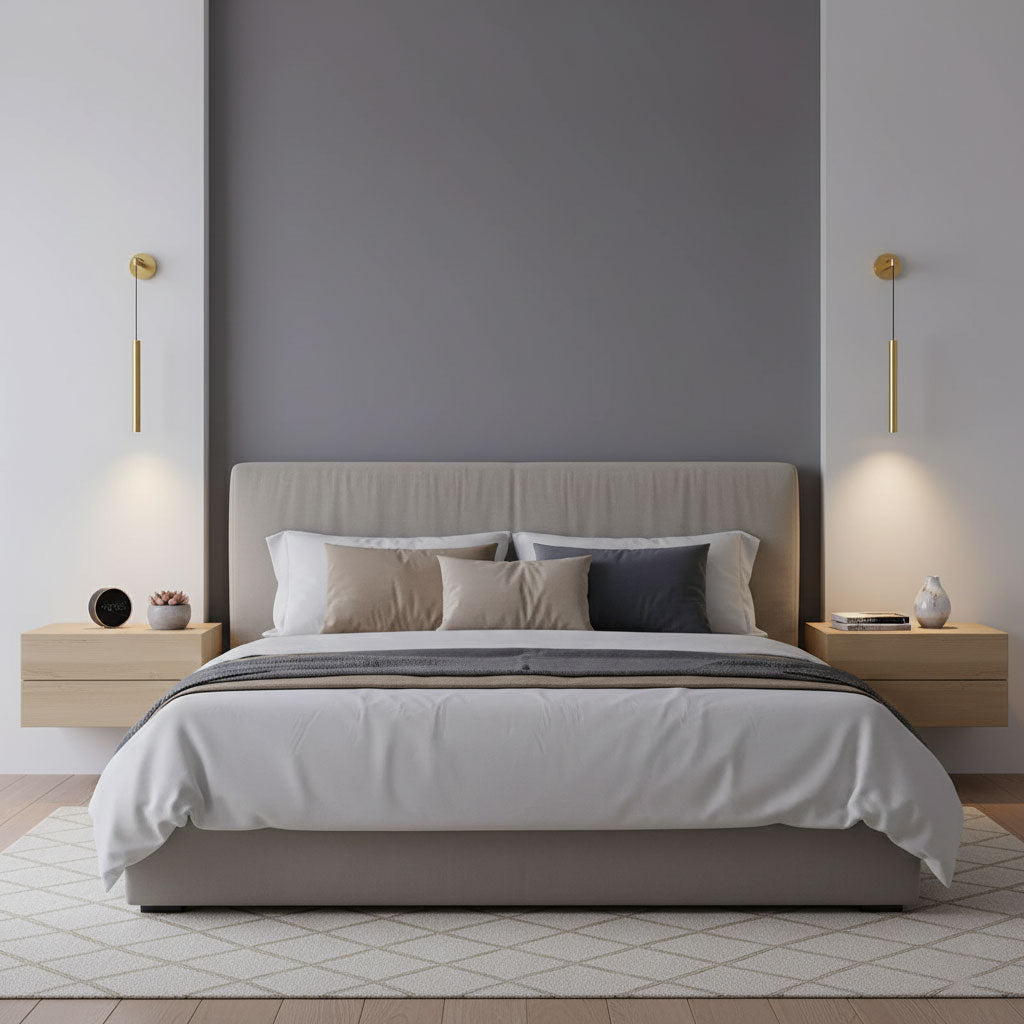 Brass tube wall lights frame a bed with a beige headboard, light falling softly onto the pale bedside units, from Clérachic.