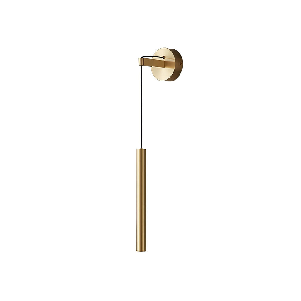 Brass wall light with a slim tube on a black cord, seen alone on a white background, a Clérachic wall light.