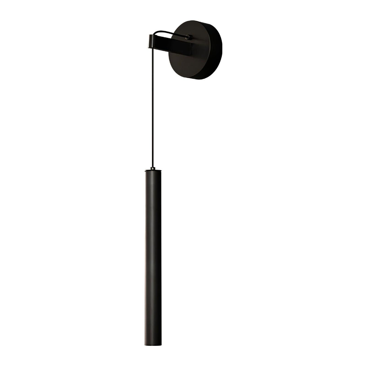 Black wall light with a round backplate and slim black tube, shown large on a white background, from Clérachic.