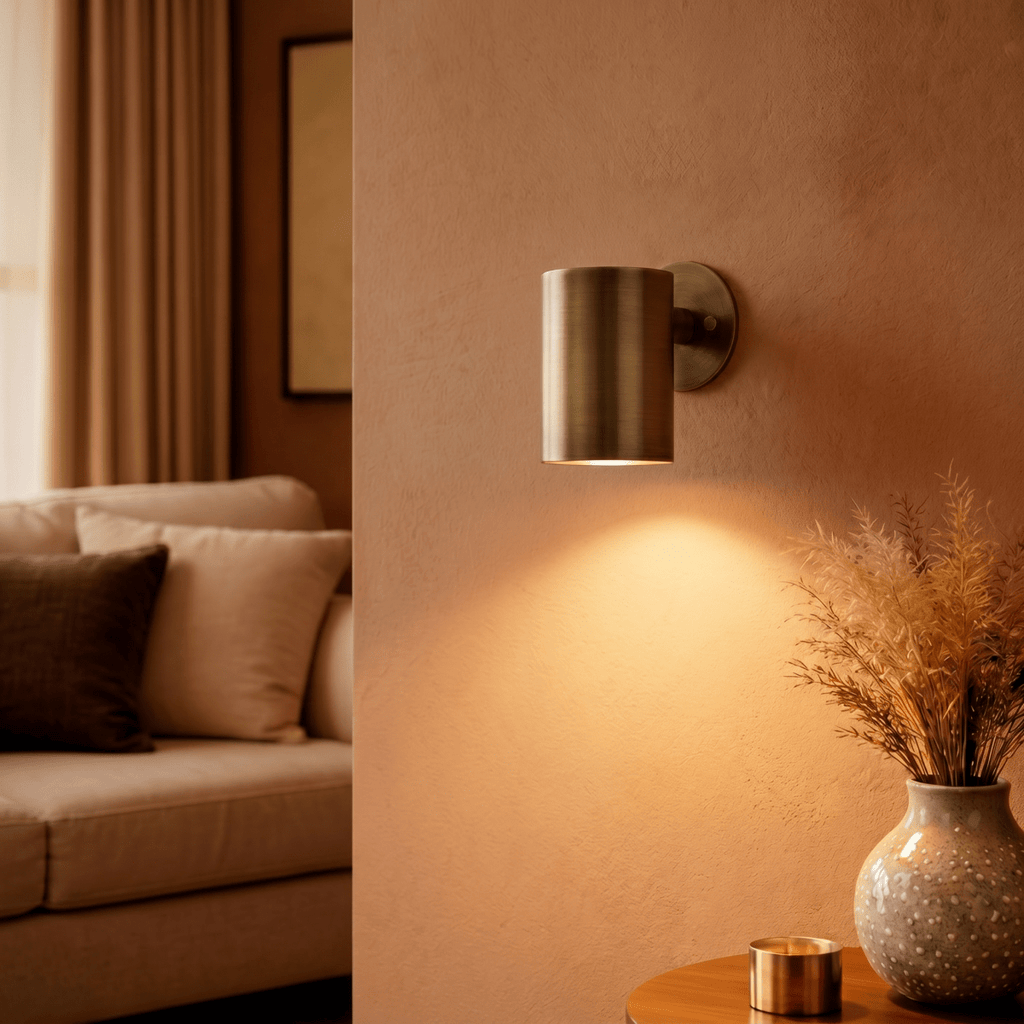 This Clérachic cylindrical wall light in aged vintage brass lights a living room corner beside a vase of dried grass.