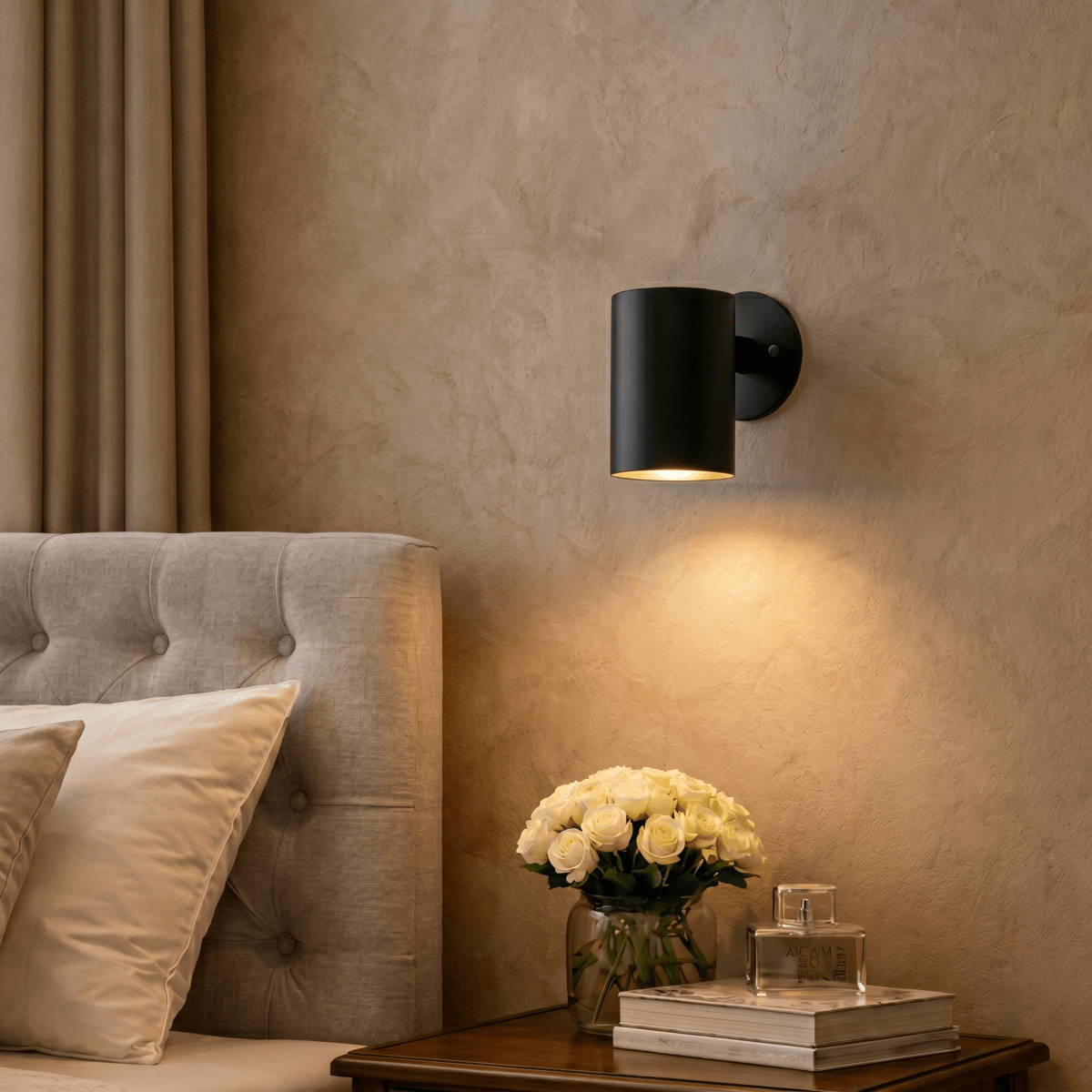 This Clérachic cylindrical wall light in matte black lights a tufted headboard bedside with roses and books.