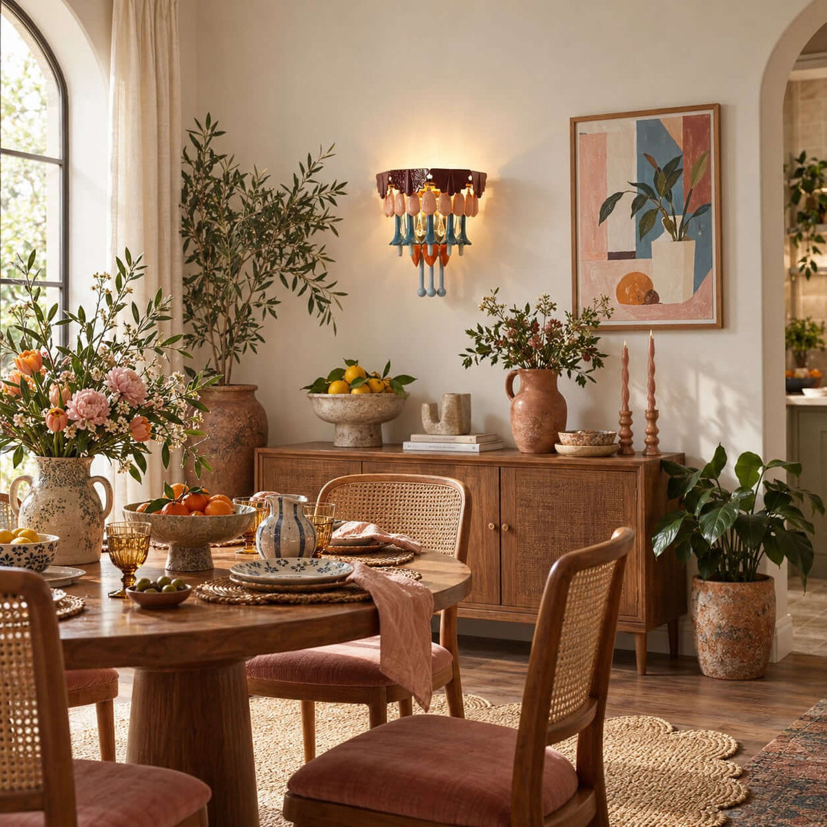 Dining room with a Clérachic wall sconce above a sideboard, a round wooden table set with fruit and rattan chairs with rose cushions.