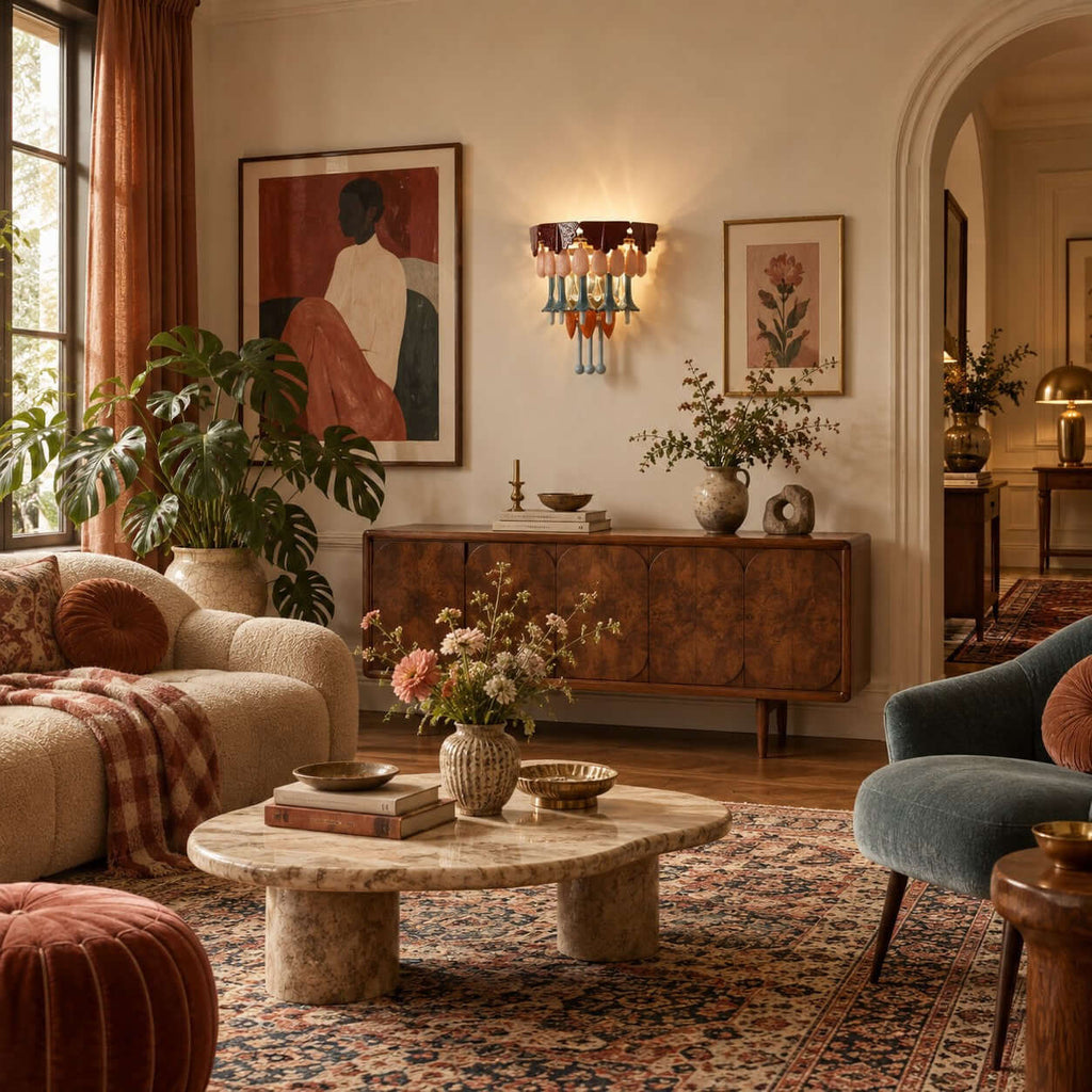 Wide living room view with a Clérachic wall sconce above a burl-wood sideboard, a cream sofa, a stone coffee table and a patterned rug.