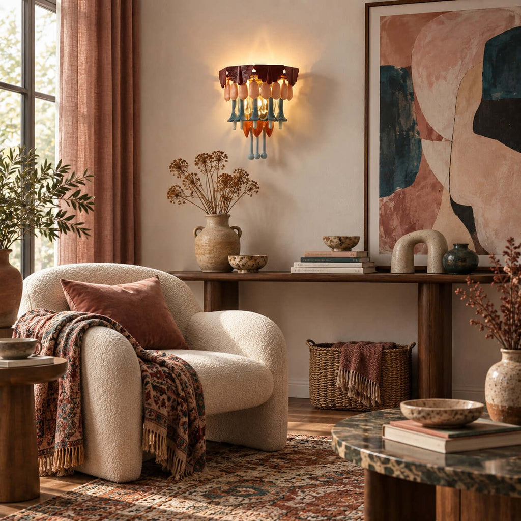 Clérachic wall sconce lit beside a large abstract print above a console table, with a boucle armchair and rust-red curtains at left.