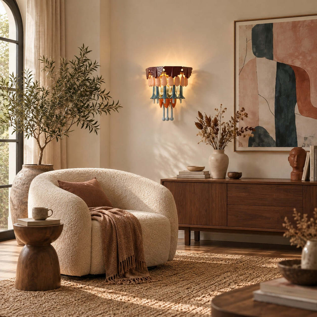 A Clérachic wall sconce on a pale wall beside tall windows, over a walnut sideboard and a curved boucle armchair on a woven rug.