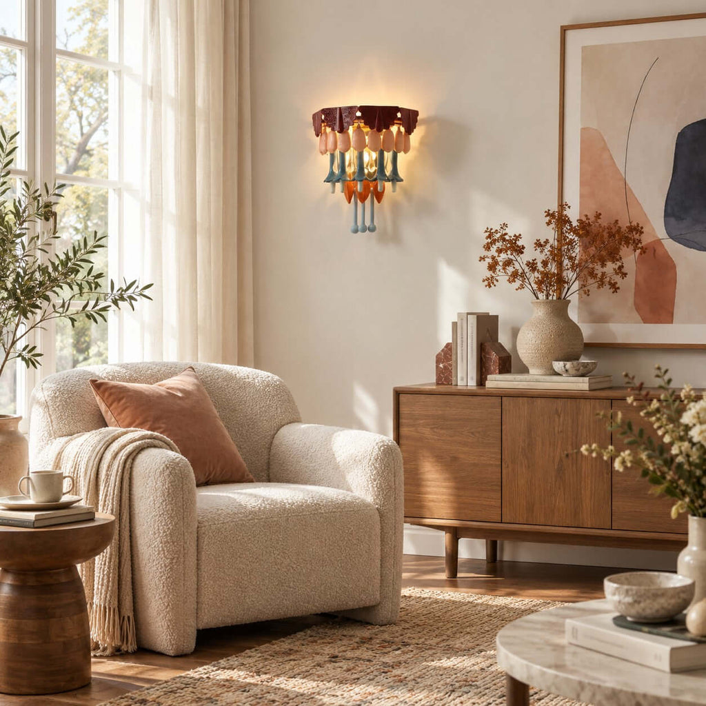 Sunlit corner with a Clérachic wall sconce above a wooden sideboard, a cream armchair with a terracotta cushion and an abstract print.