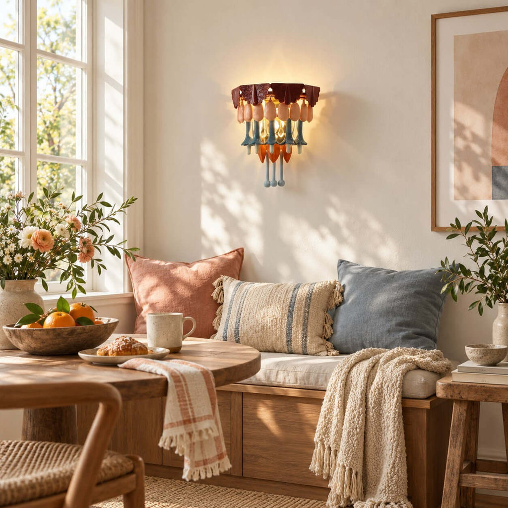 Clérachic wall sconce above a window-side bench with striped and blue cushions, a bowl of oranges and a knitted throw.
