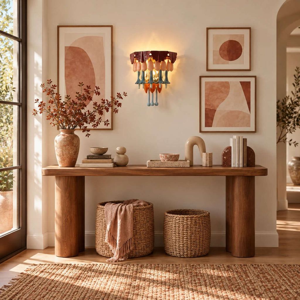A Clérachic wall sconce between pink-toned abstract prints above a wooden console, with two woven baskets and a dried-branch vase.