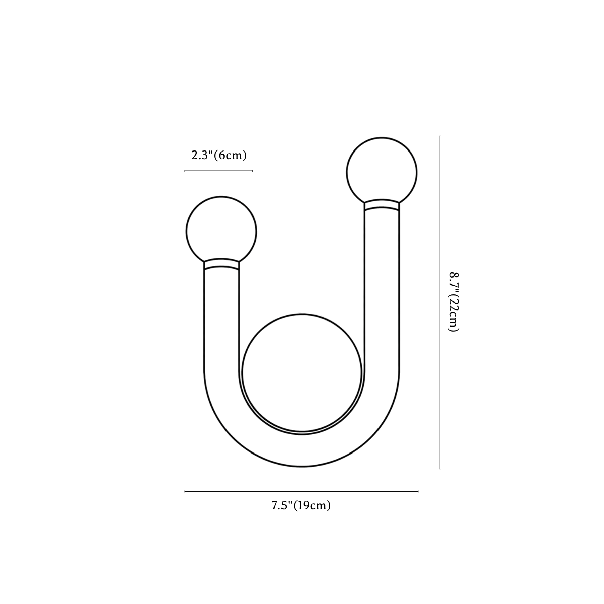 Clérachic wall light dimension drawing, 2 of 2, every measurement marked in centimetres and inches.