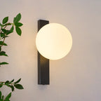 Lit cream globe resting against a tall black metal bar on a pale wall, with trailing green leaves at the left of this Clérachic wall light.
