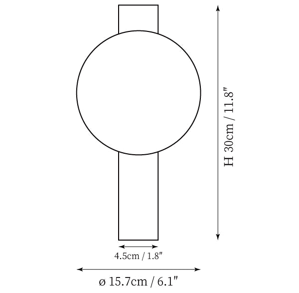 Clérachic wall light dimension drawing, every measurement marked in centimetres and inches.