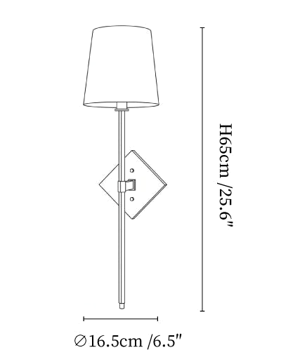 Clérachic wall light dimension drawing, every measurement marked in centimetres and inches.
