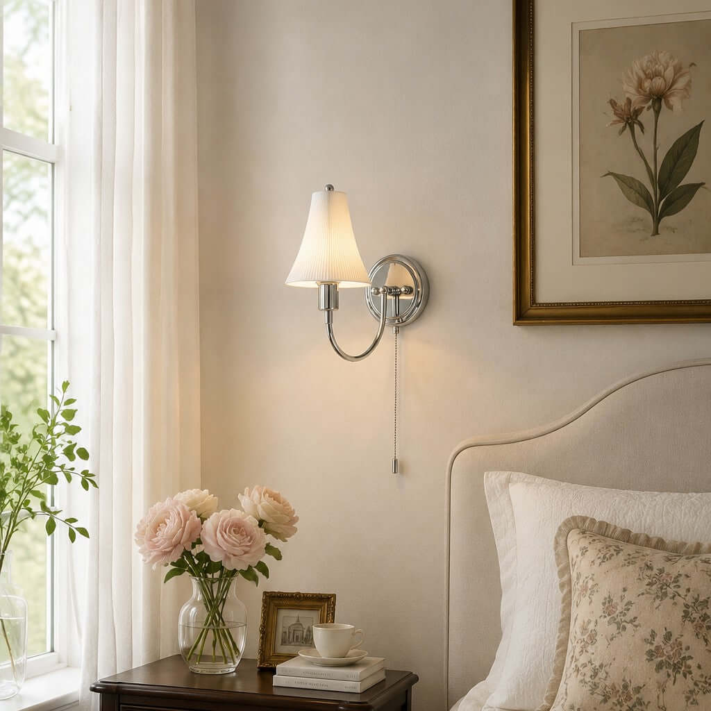 A Clérachic wall light with its pull chain hanging, set between a framed botanical print and a pale headboard, pink roses on the table below.
