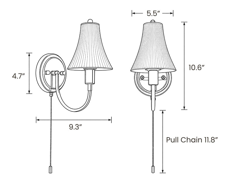 Dimension drawing of this Clérachic wall light, with its height, width and pull-chain length marked.