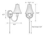Dimension drawing of this Clérachic wall light, with its height, width and pull-chain length marked.