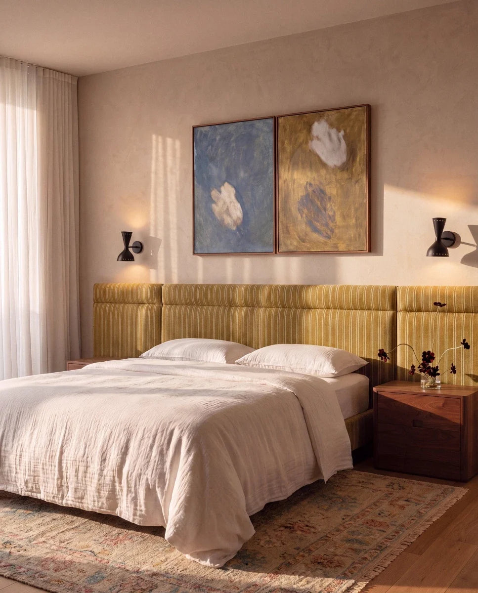 Clérachic wall lamp in matte black, a pair flanking abstract art above a mustard striped headboard.