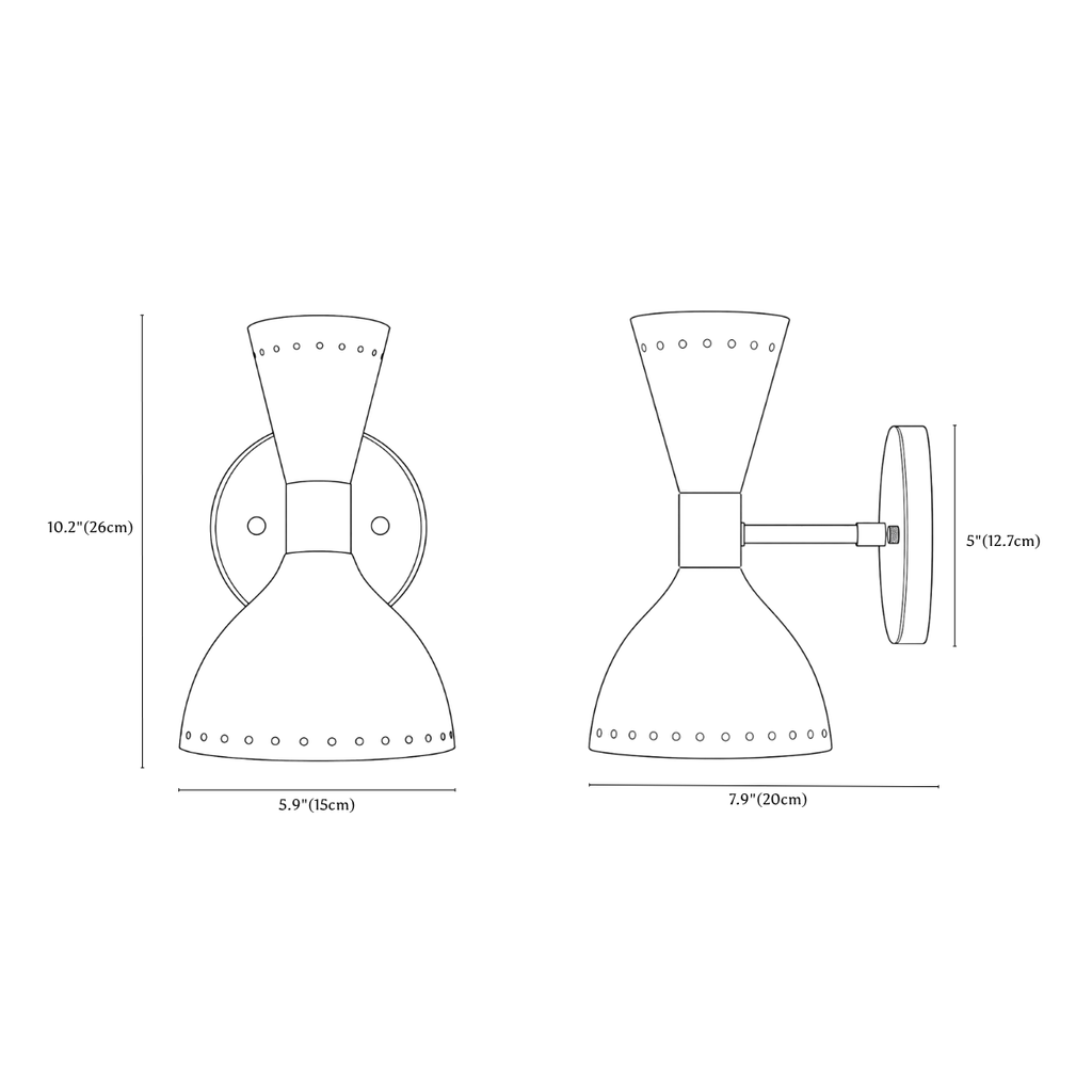 Clérachic wall light dimension drawing, every measurement marked in centimetres and inches.