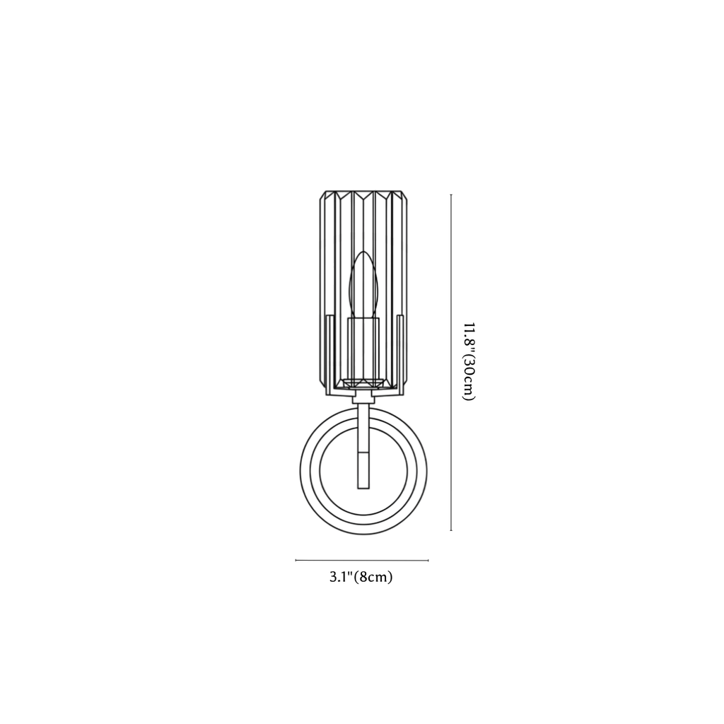 Clérachic wall light dimension drawing, 1 of 2, every measurement marked in centimetres and inches.